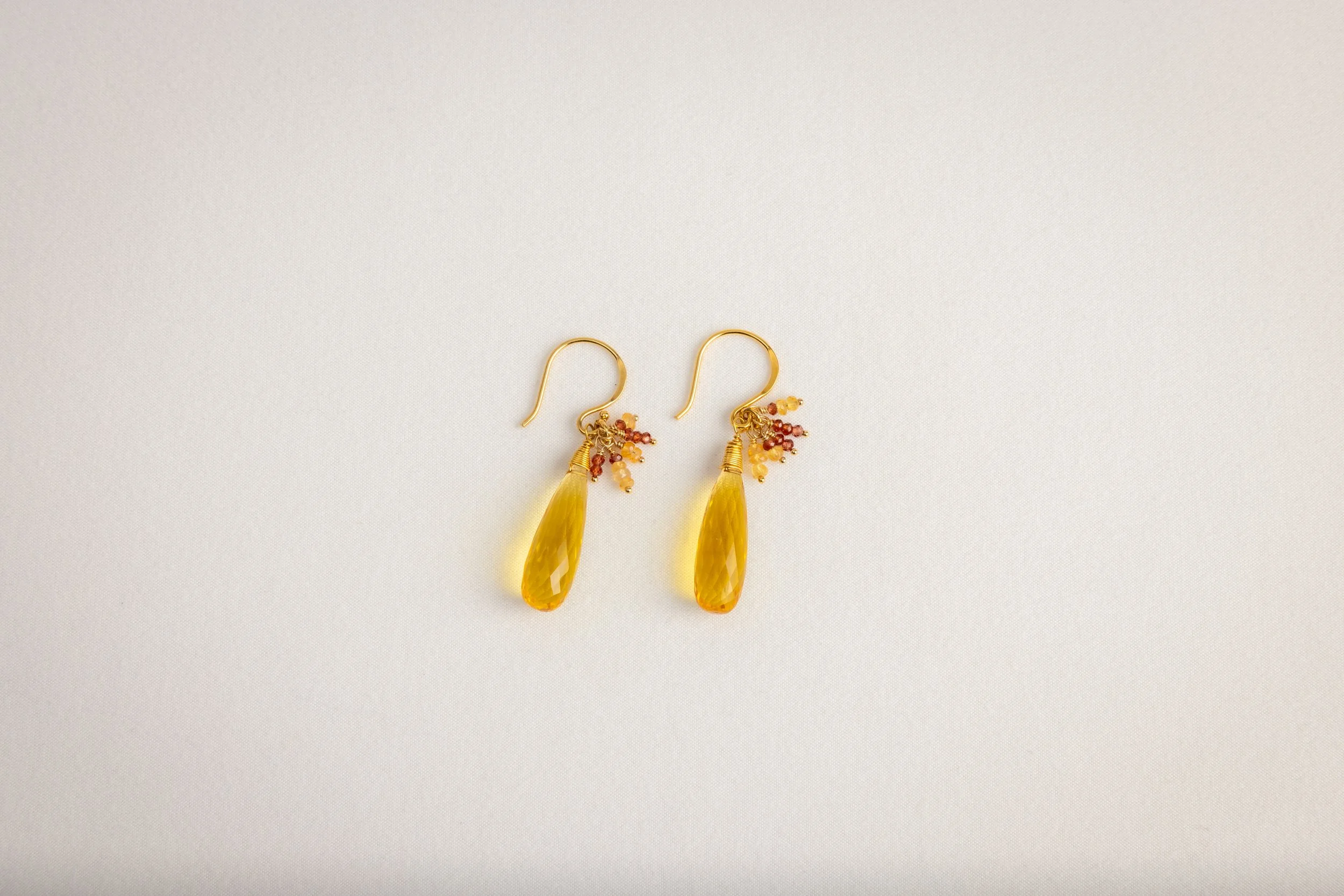 Gold Citrine Faceted Briolettes with Pink and Yellow Sapphire Fireworks Dangle Earrings