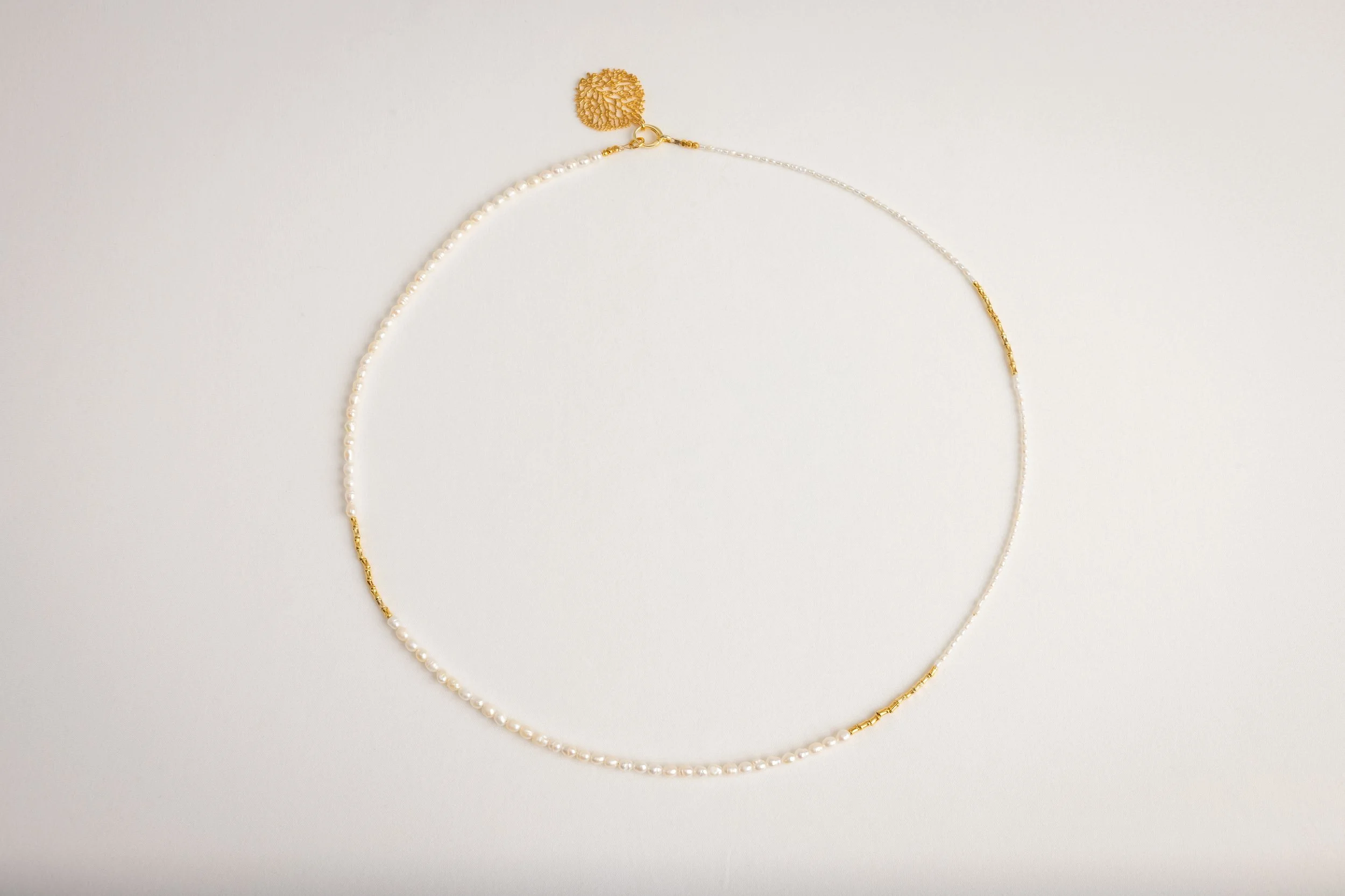 Freshwater Pearl and Gold Barrel Bead Necklace