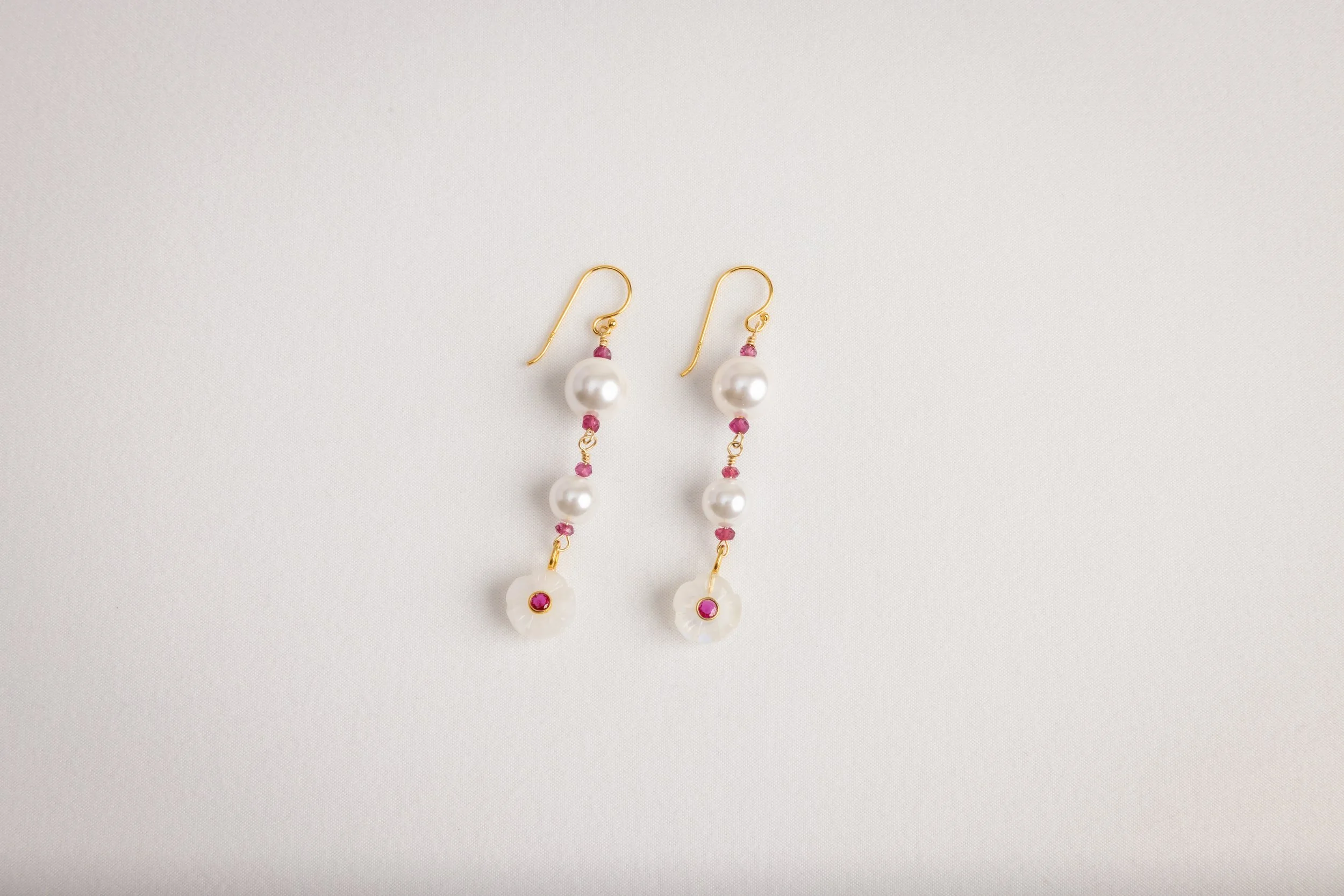 Double Pearl and Garnet with Mother-of-Pearl and Garnet Flower Charms