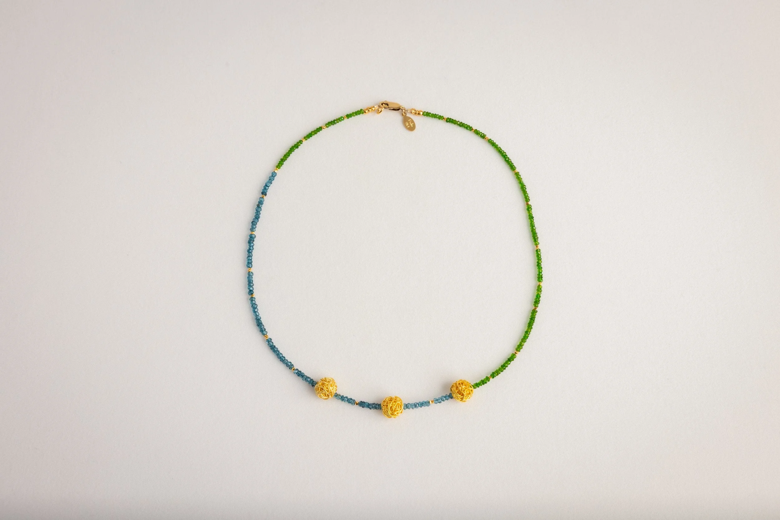 Chrome Diopside and London Blue Topaz Gold Beaded Necklace