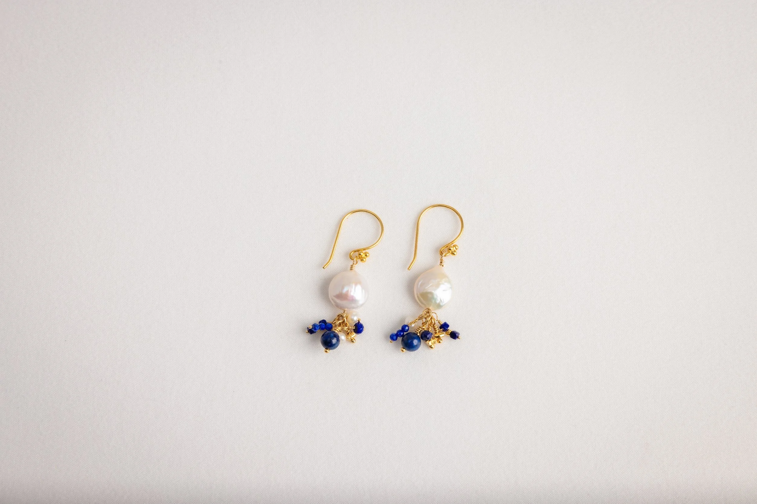 Gold Wired Freshwater Coin Pearl With Lapis and Gold Dangles
