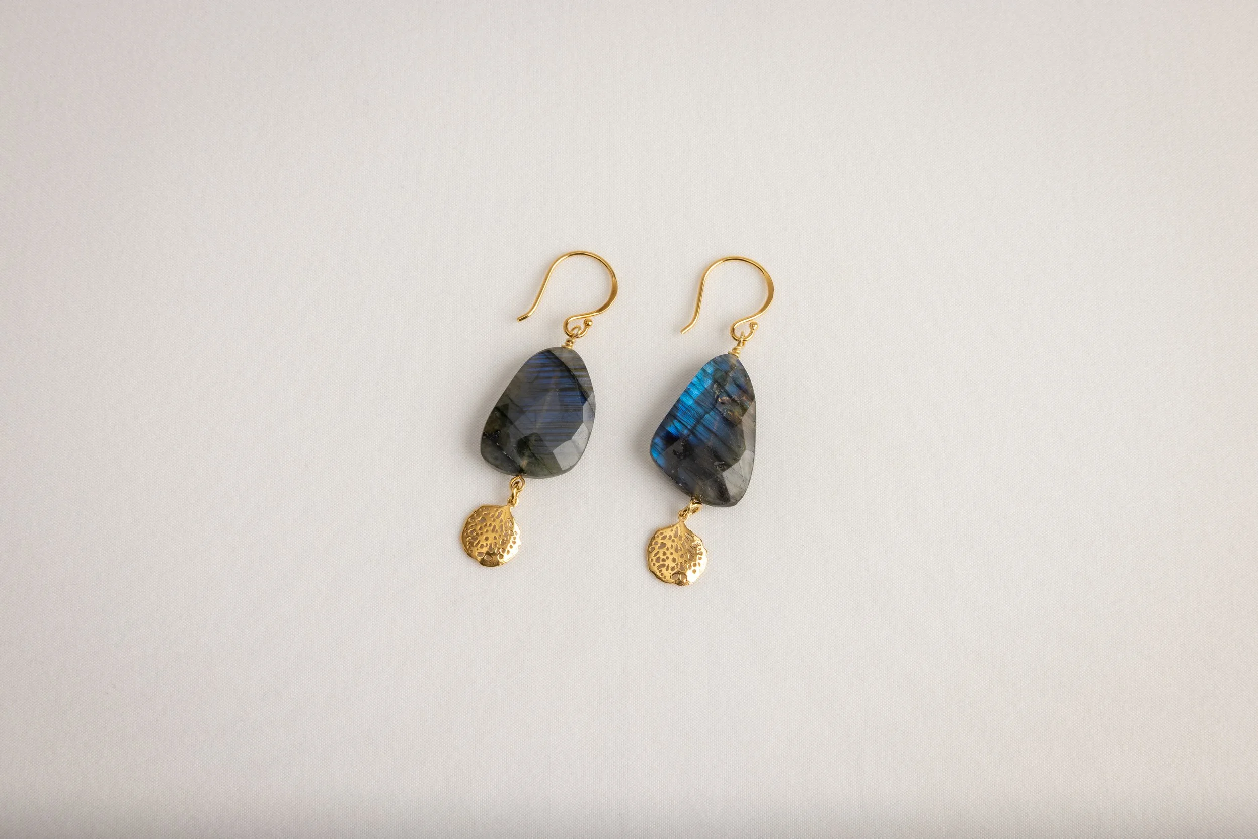 Labradorite Slab Earrings with Gold Charms