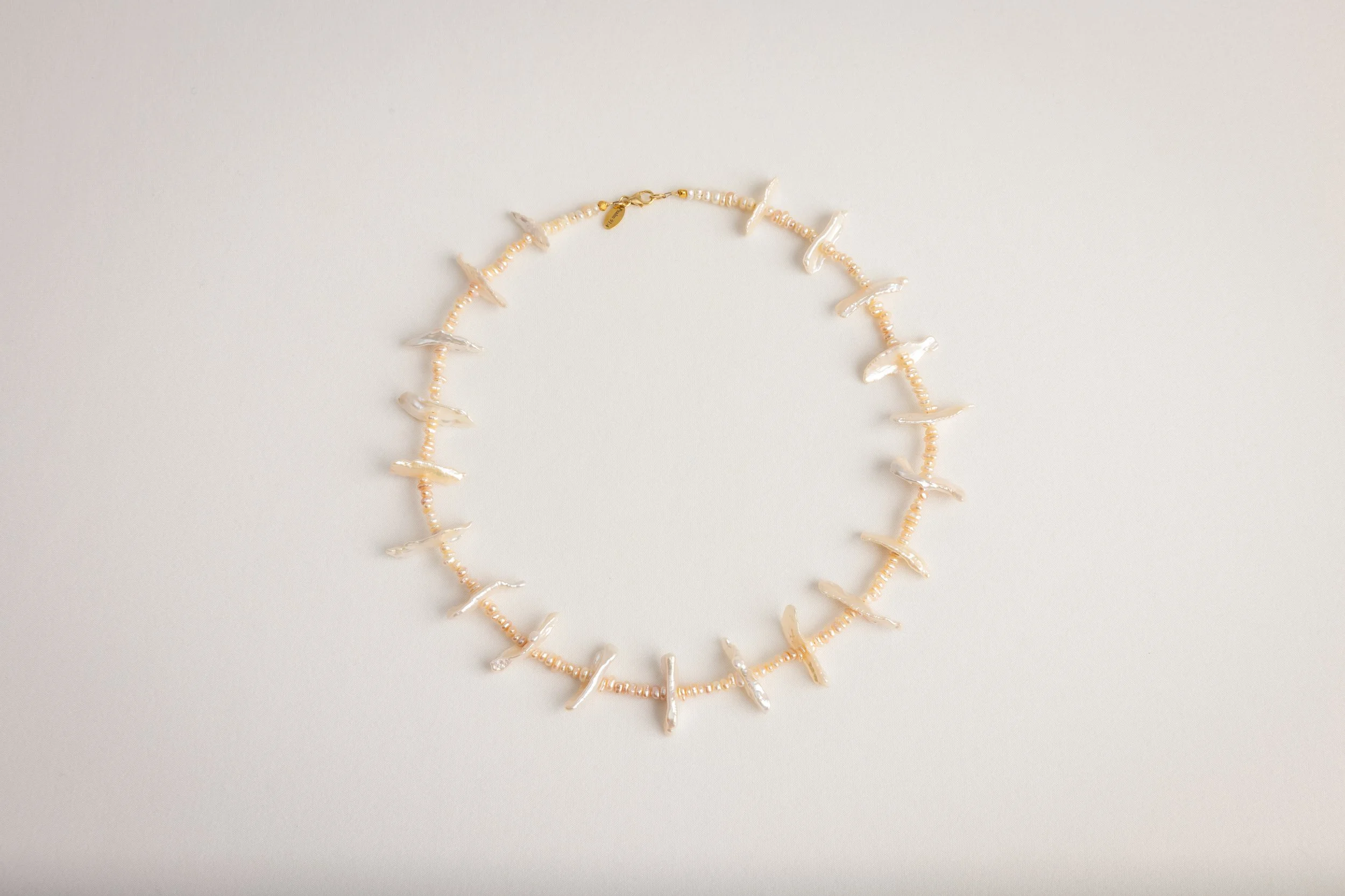 Cornflake Freshwater Pearl and Gold Bead Necklace