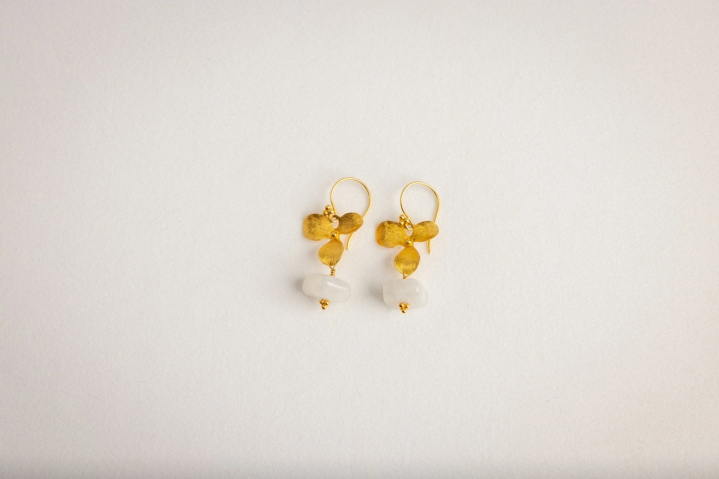 Gold Orchid and Moonstone Drop Earrings