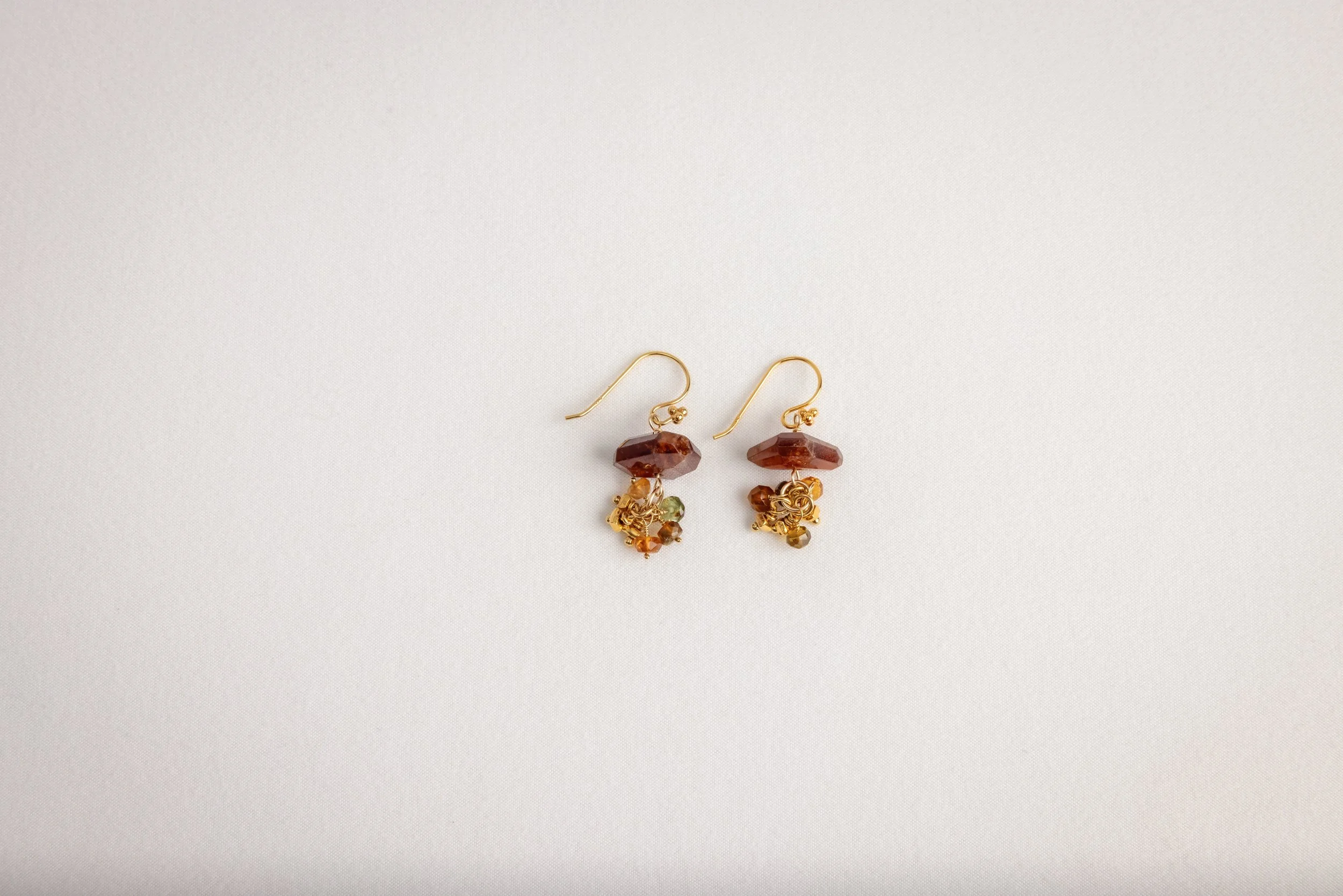 Hessinite Garnet and Mixed Tourmaline Dangle Earrings in Gold