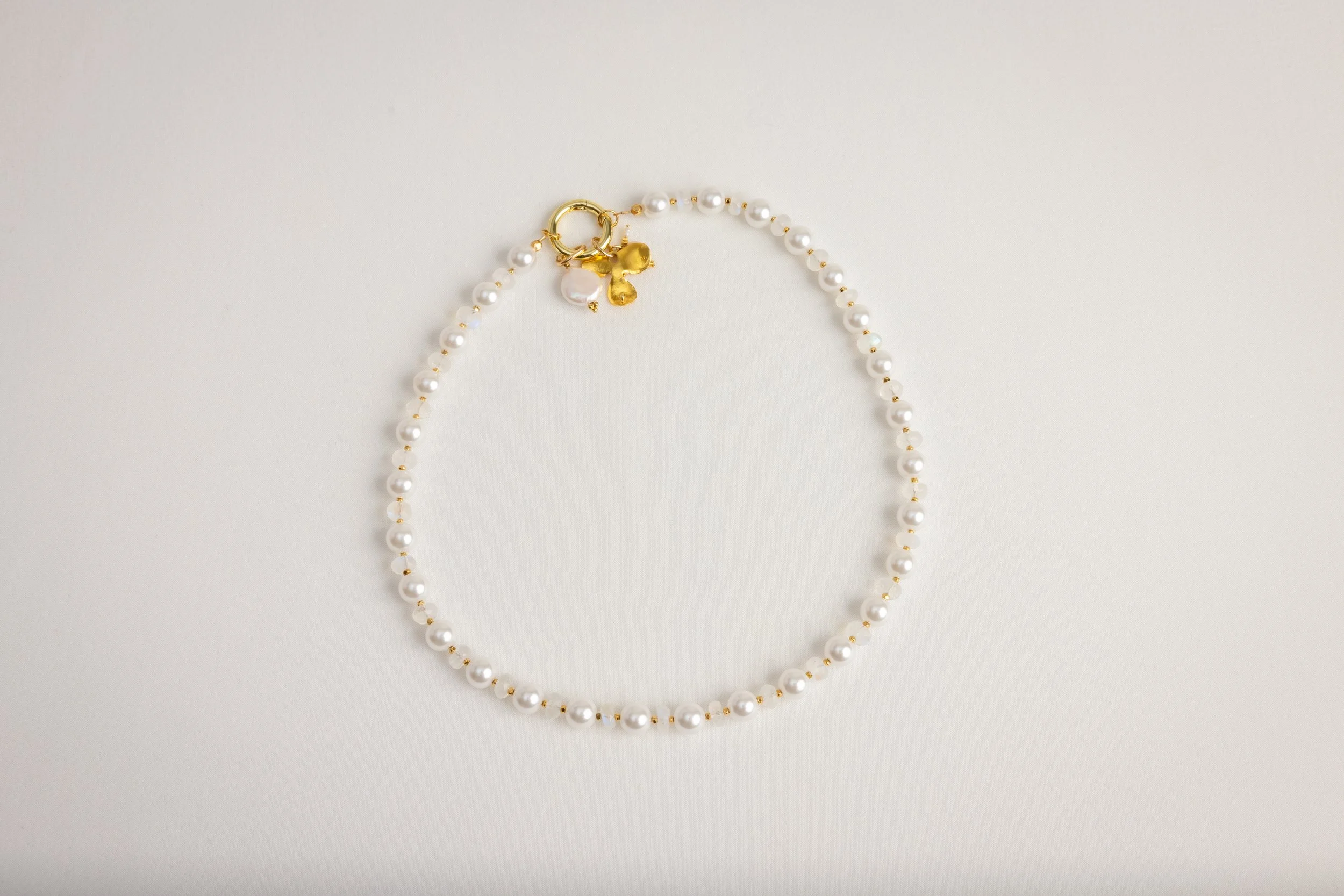 Moonstone and Pearl Necklace with Coin Pearl Charms