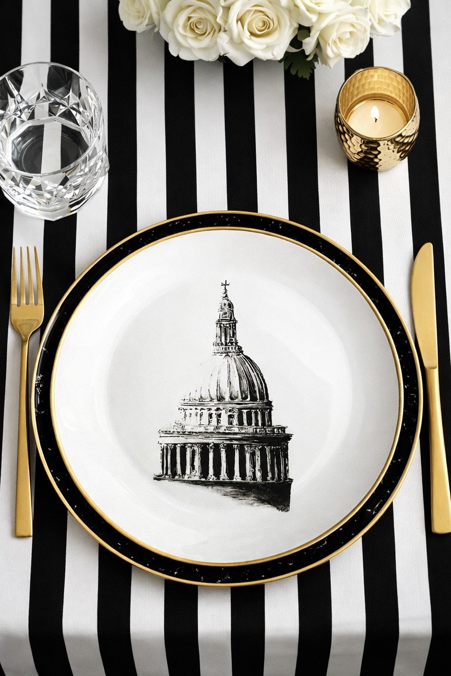 A dining table setting featuring a black and white striped tablecloth, a white plate with a black and gold rim displaying a sketch of a dome, a gold knife and fork, a glass of water, a gold candle holder with a lit candle, and a bouquet of white roses.