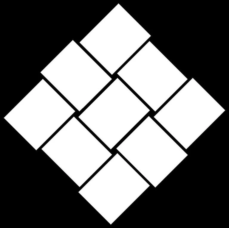 A black background with a white diamond shape made of 9 smaller white squares arranged in a 3x3 grid, with lines connecting the squares.
