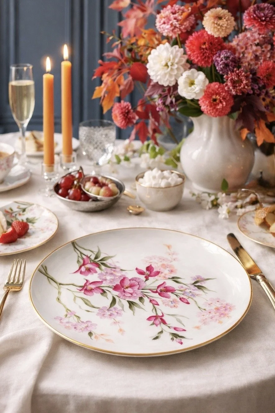 Elegant table setting with a floral plate, gold utensils, lit candles, a large flower arrangement, and small bowls of berries and marshmallows.