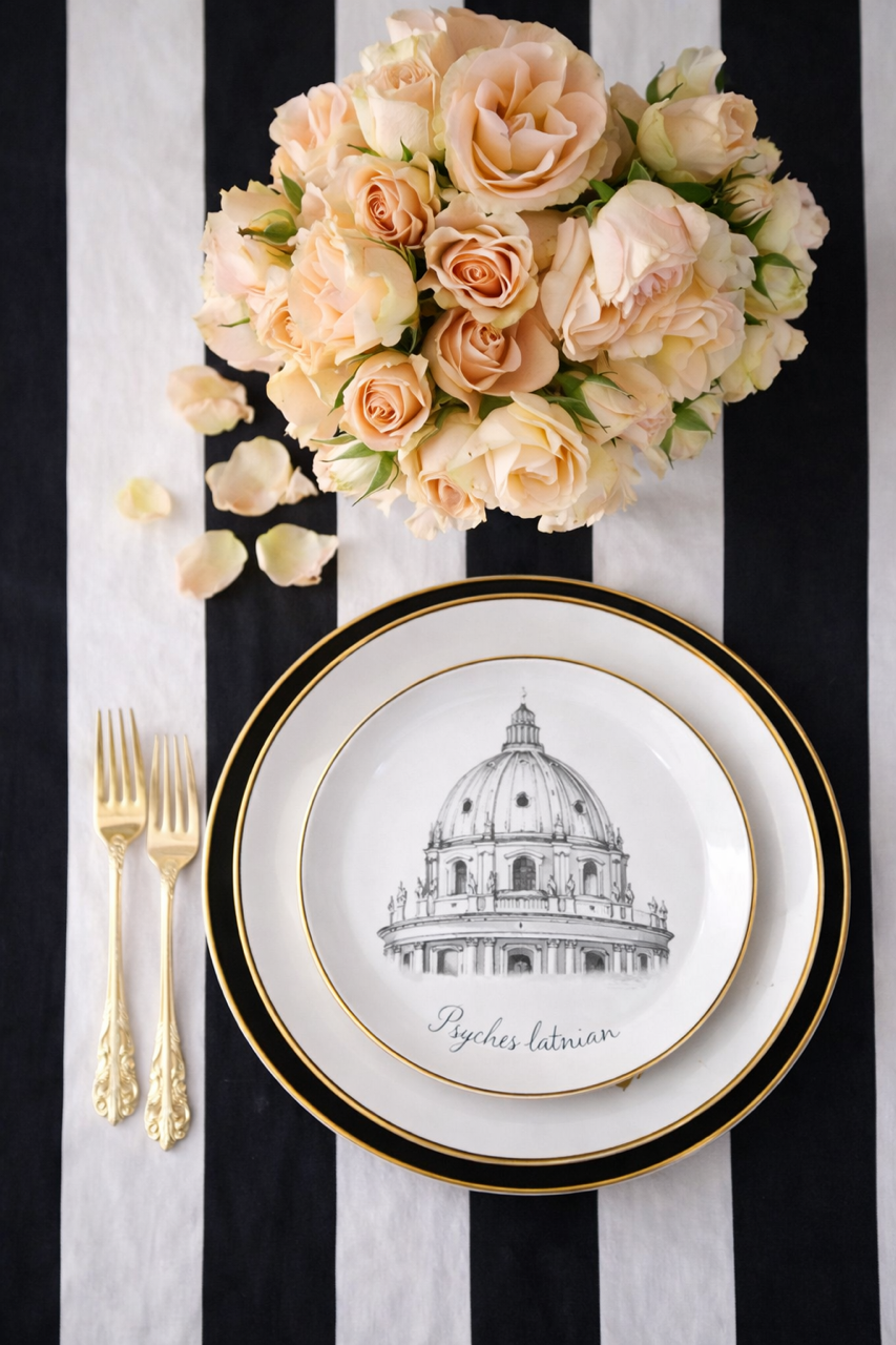 A table setting with a bouquet of peach and cream roses, two stacked plates with a black and gold rim, and gold forks on a black and white striped tablecloth. The top plate features a sketch of St. Peter's Basilica and the words "Plynches latvian."