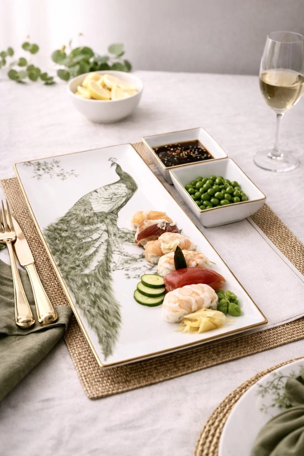 A Japanese-inspired sushi platter with various seafood, cucumber slices, and garnishes, paired with soy sauce and wasabi; a bowl of white cheese and a glass of white wine are in the background on a dining table.