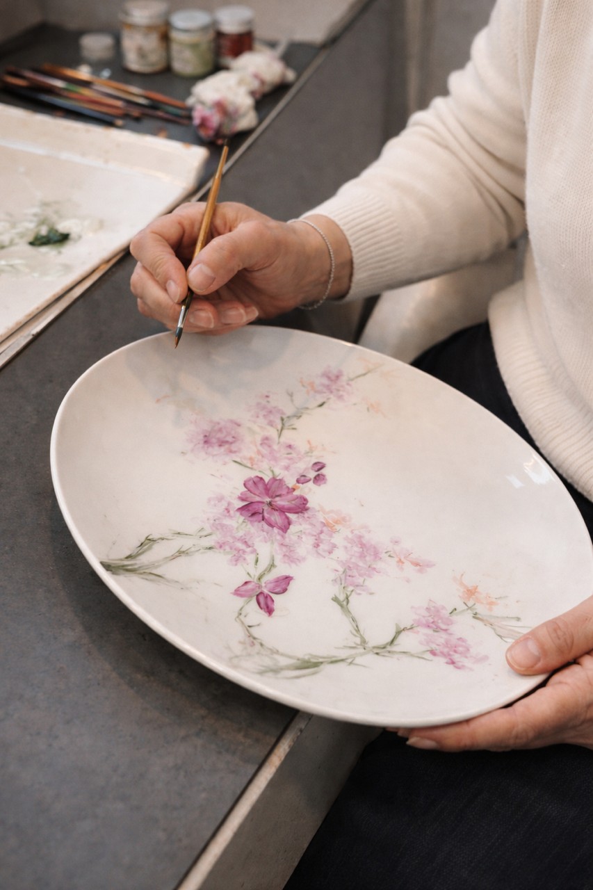Person painting pink and purple flowers on a white porcelain plate at a worktable with paint supplies.