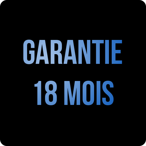 Texte en bleu sur fond noir : 'GARANTIE 18 MOIS'.
