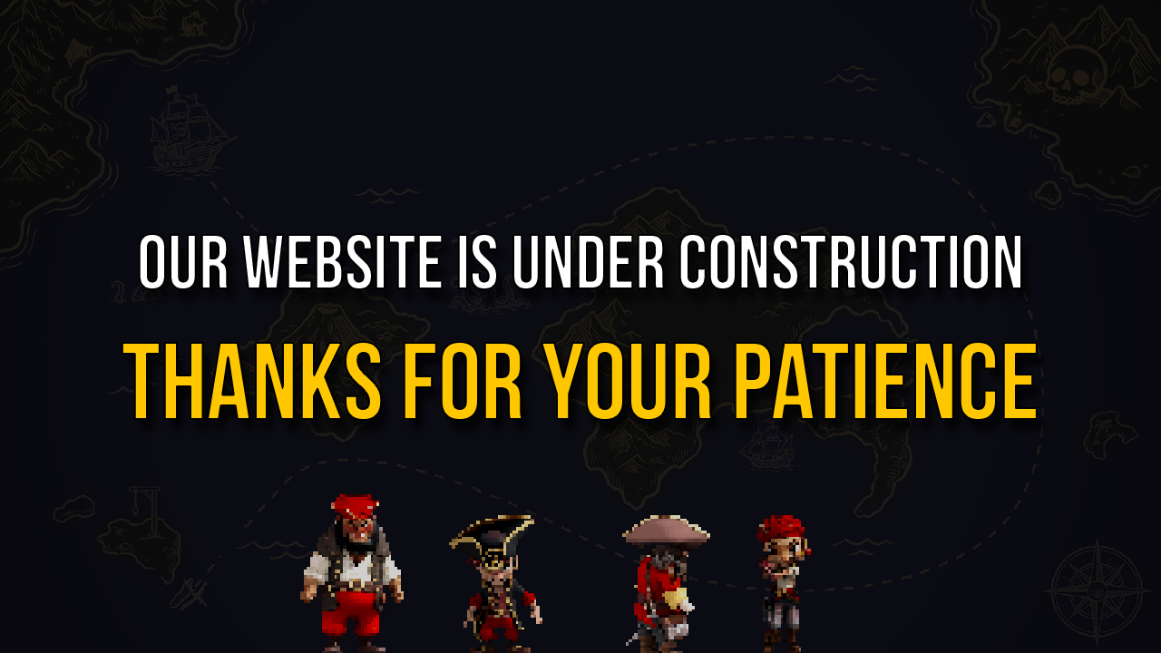 Message indiquant que le site web est en construction avec un fond de carte monde et quatre personnages pixel art de pirates au bas de l'image.