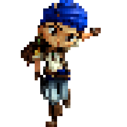 Un personnage de style pixel art avec une casquette bleue, des vêtements décontractés, et pointes d'oreilles, pointant du doigt