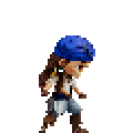 Personnage de jeu vidéo avec une tenue bleue et des cheveux bleus, debout sur un fond noir.