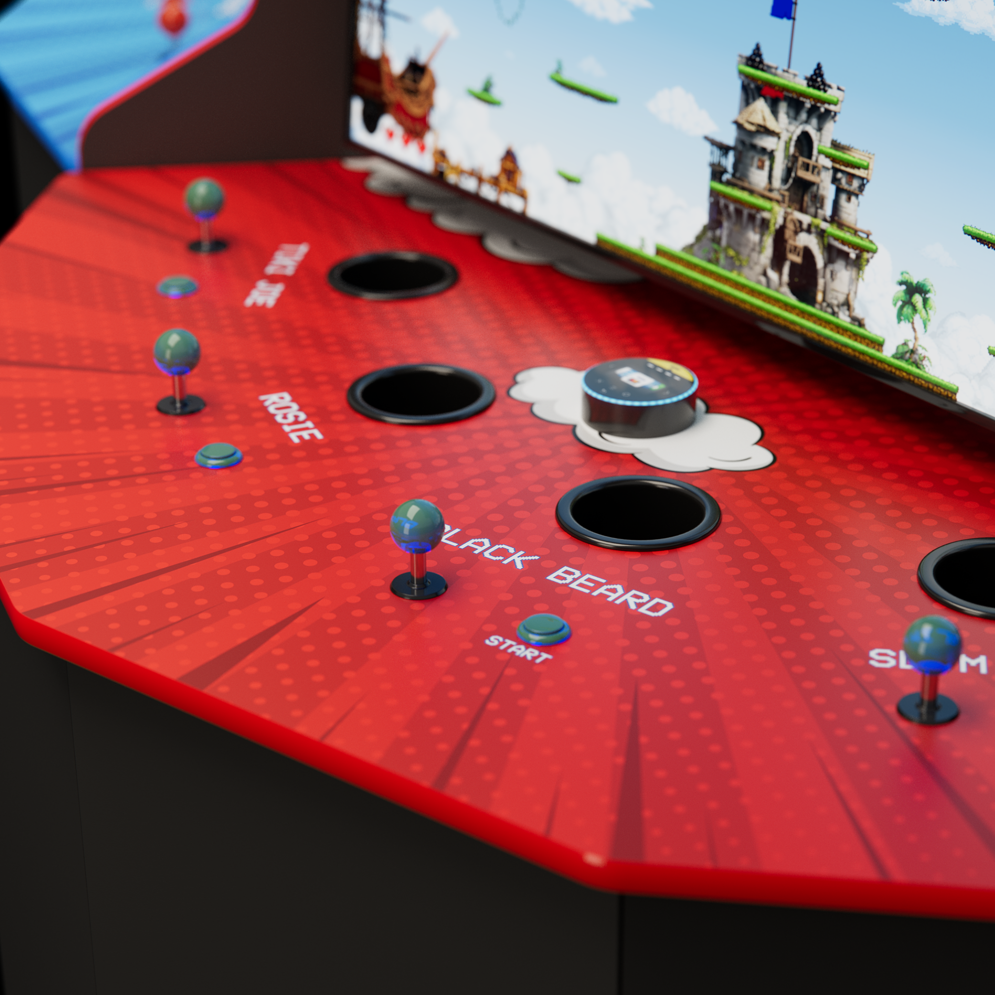 Capture d'une scène de jeu vidéo ou d'une maquette représentant un château médiéval en briques, situé dans un décor de nuages bleus, avec des éléments flottants verts et des boutons bleus et verts en premier plan sur une surface rouge.