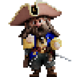 Personnage pixelisé de pirate avec un chapeau tricorne, barbe, et épée