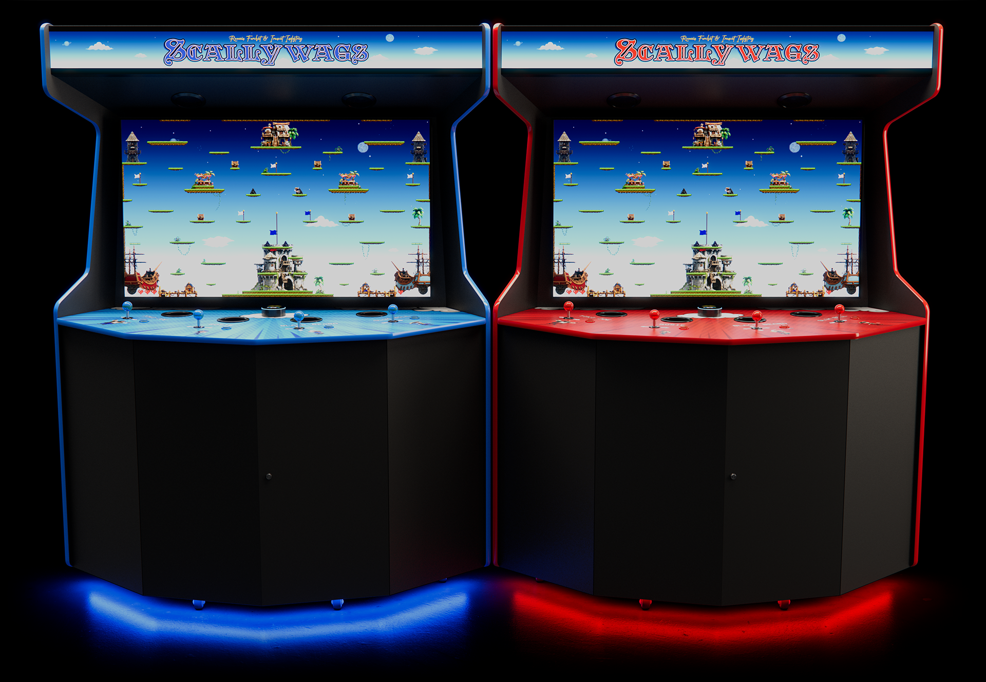 Deux bornes d'arcade de jeu vidéo, l'une en bleu et l'autre en rouge, avec un écran affichant un jeu de plateforme, décoré d'un thème de château et de pirates.