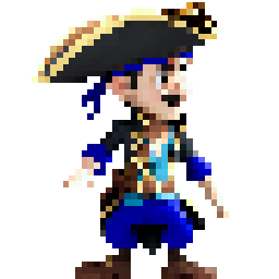 Personnage de jeu vidéo en pixel art habillé en pirates avec un chapeau pirate