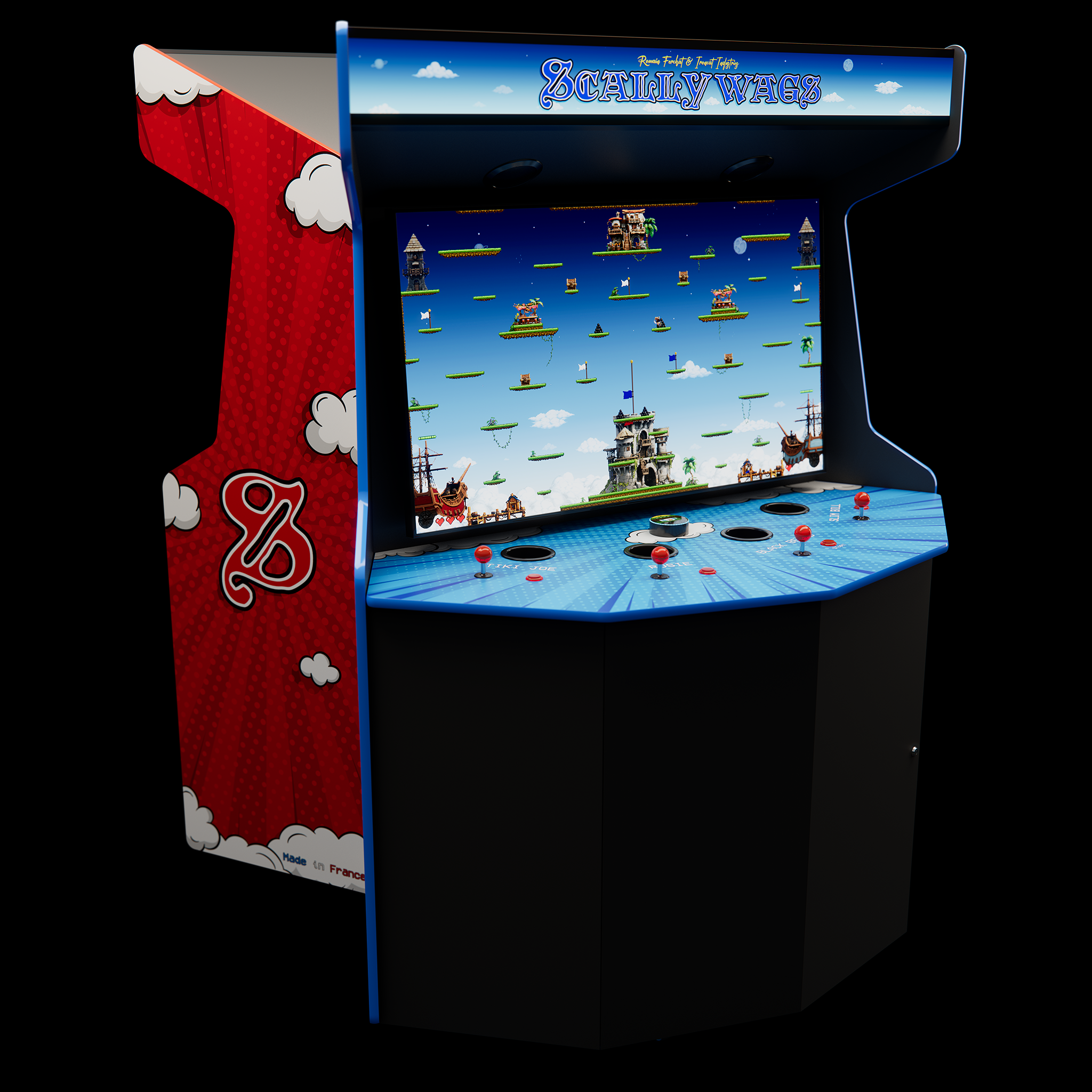 Machine à jeux vidéo arcade avec écran affichant un jeu de plateforme avec des châteaux et des personnages de dessin animé, décorée de motifs de nuages blancs et rouges, avec des joysticks rouges et boutons sur le panneau de contrôle.