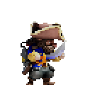 Personnage de dessin animé avec un chapeau, un sac à dos et un uniforme, debout devant un mur