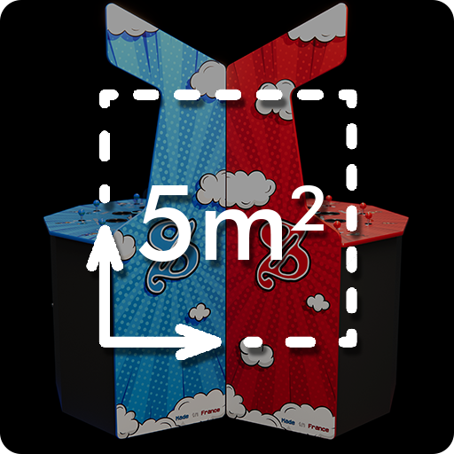 Table de jeu avec deux côtés peints en bleu et en rouge, comportant des illustrations de nuages et de ciel, avec une ligne pointillée indiquant une zone de 5 mètres carré.