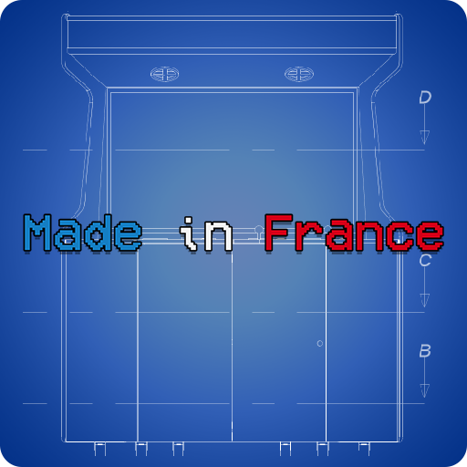 Une image technique d'une boîte en carton avec le texte 'Made in France' écrit dessus, en style pixelisé, sur un fond bleu électrique.