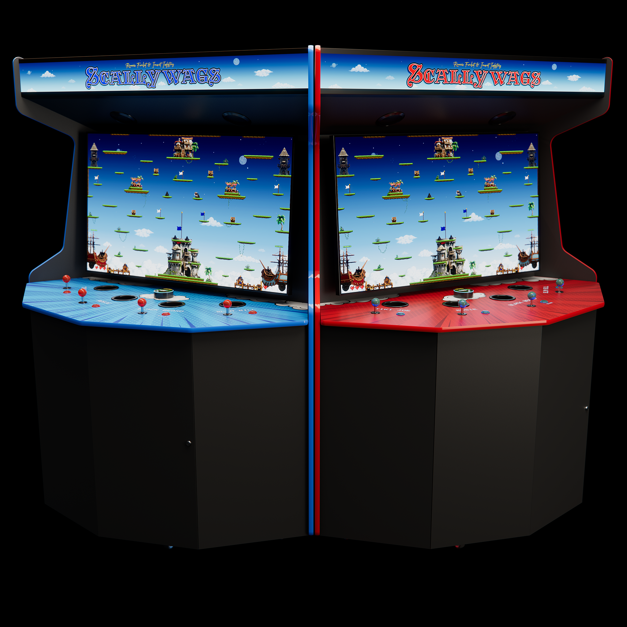 Deux bornes d'arcade de jeu vidéo, une avec un thème bleu et une avec un thème rouge, montrent des écrans de jeux vidéo avec des icônes et des bâtiments fantastiques, sous un ciel étoilé avec caméra.