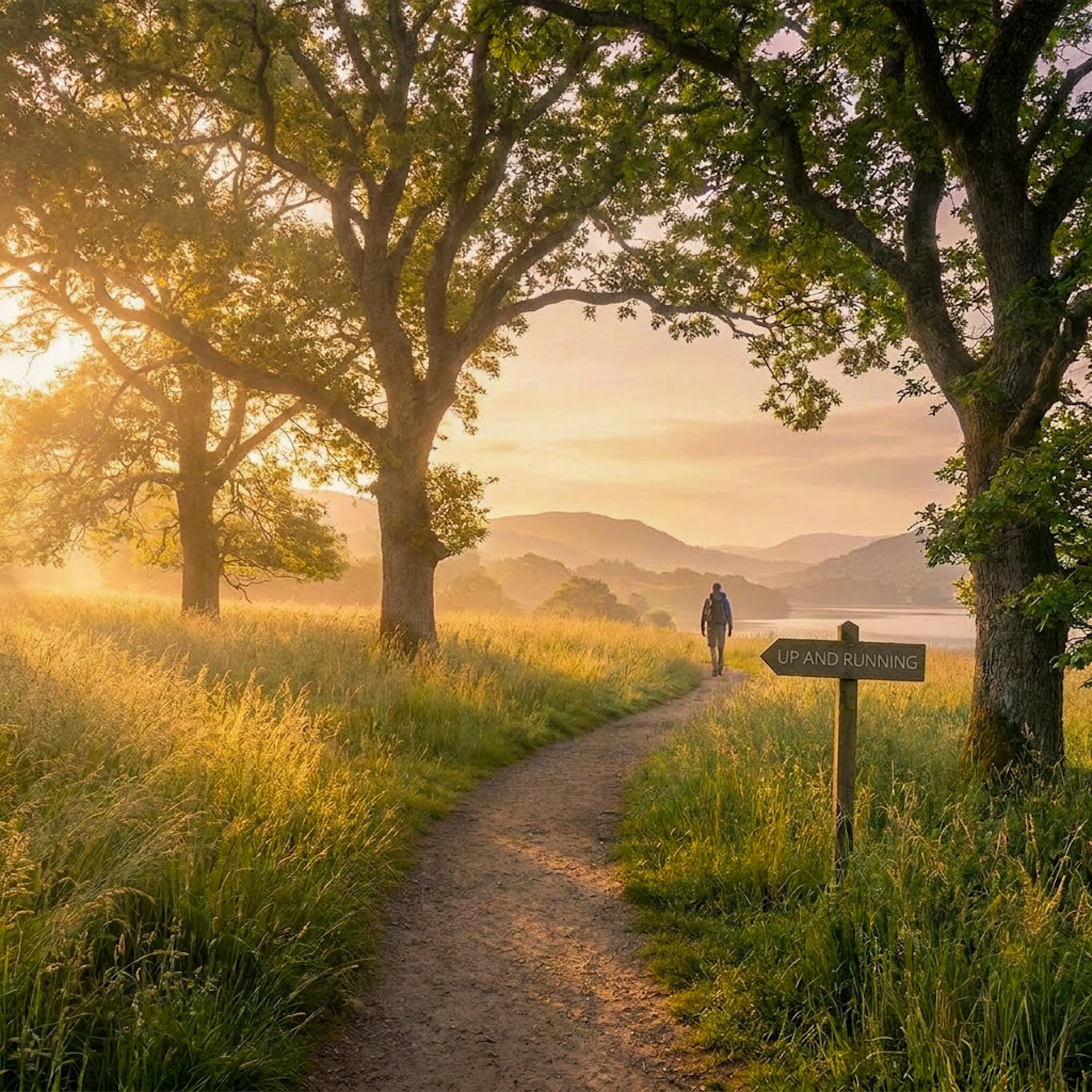 A dirt path in a grassy field is flanked by tall trees with green leaves, with sunlight filtering through the branches, creating a warm, golden glow.