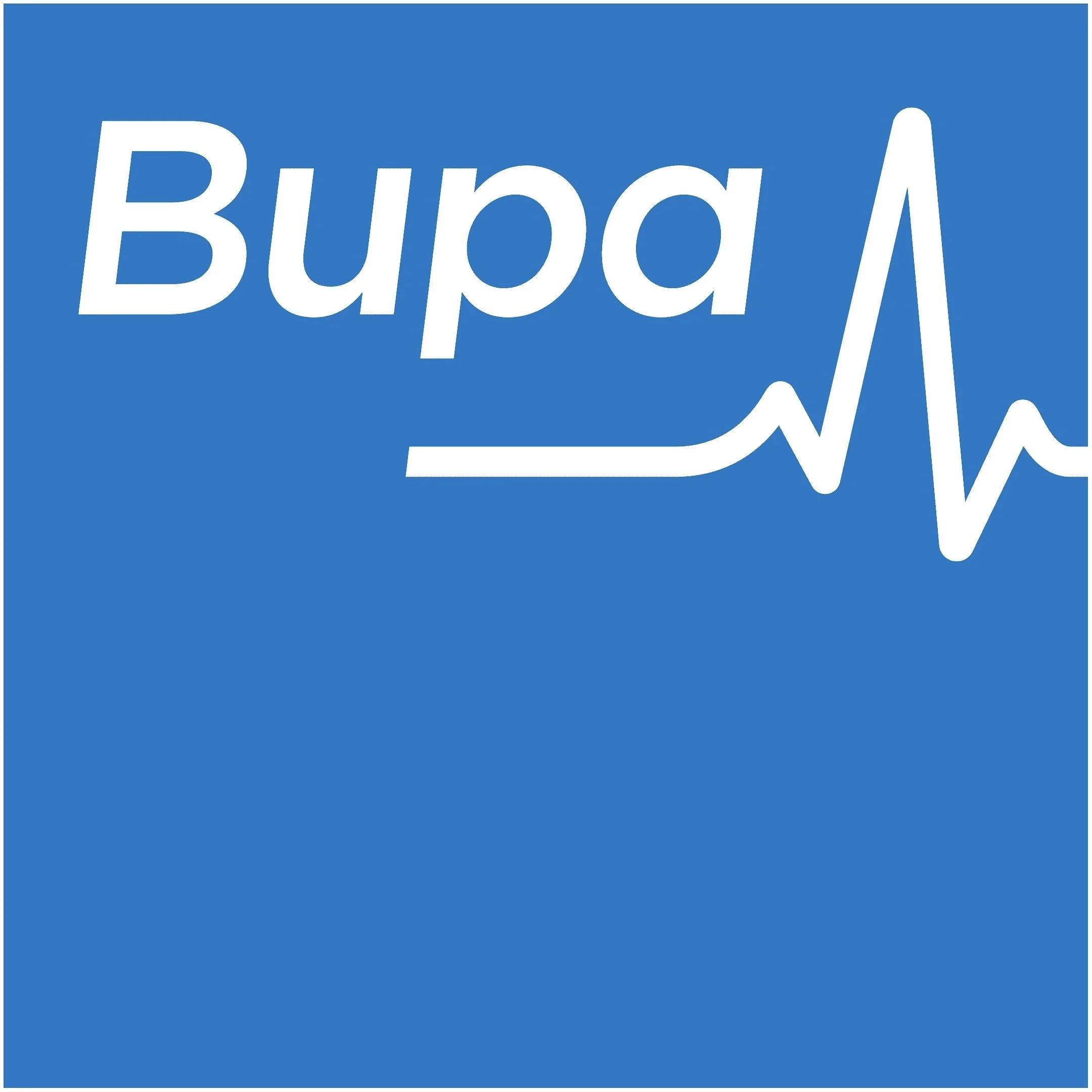 Blue background with white text that reads 'Bupša' and a stylized heartbeat line design.