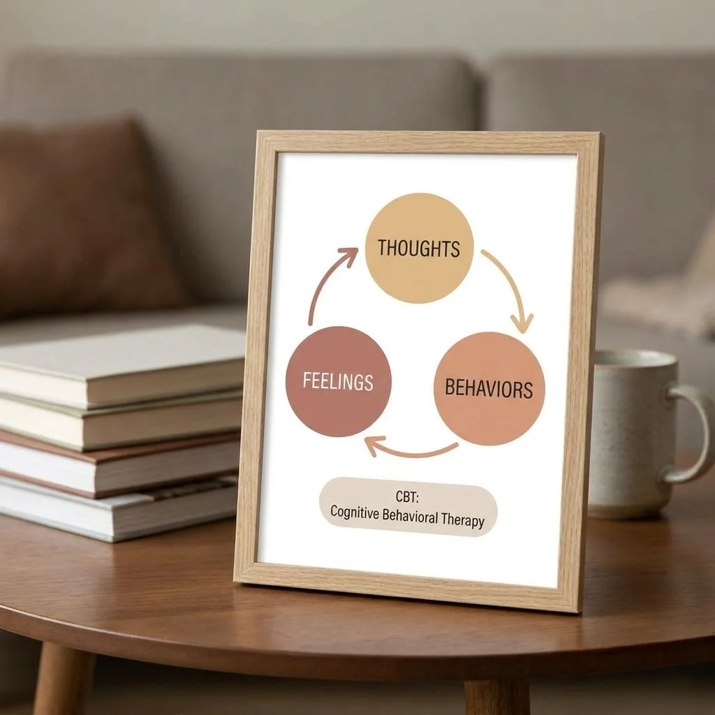 A framed infographic showing the cycle of thoughts, feelings, and behaviors, with a note about cognitive behavioral therapy (CBT) at the bottom.