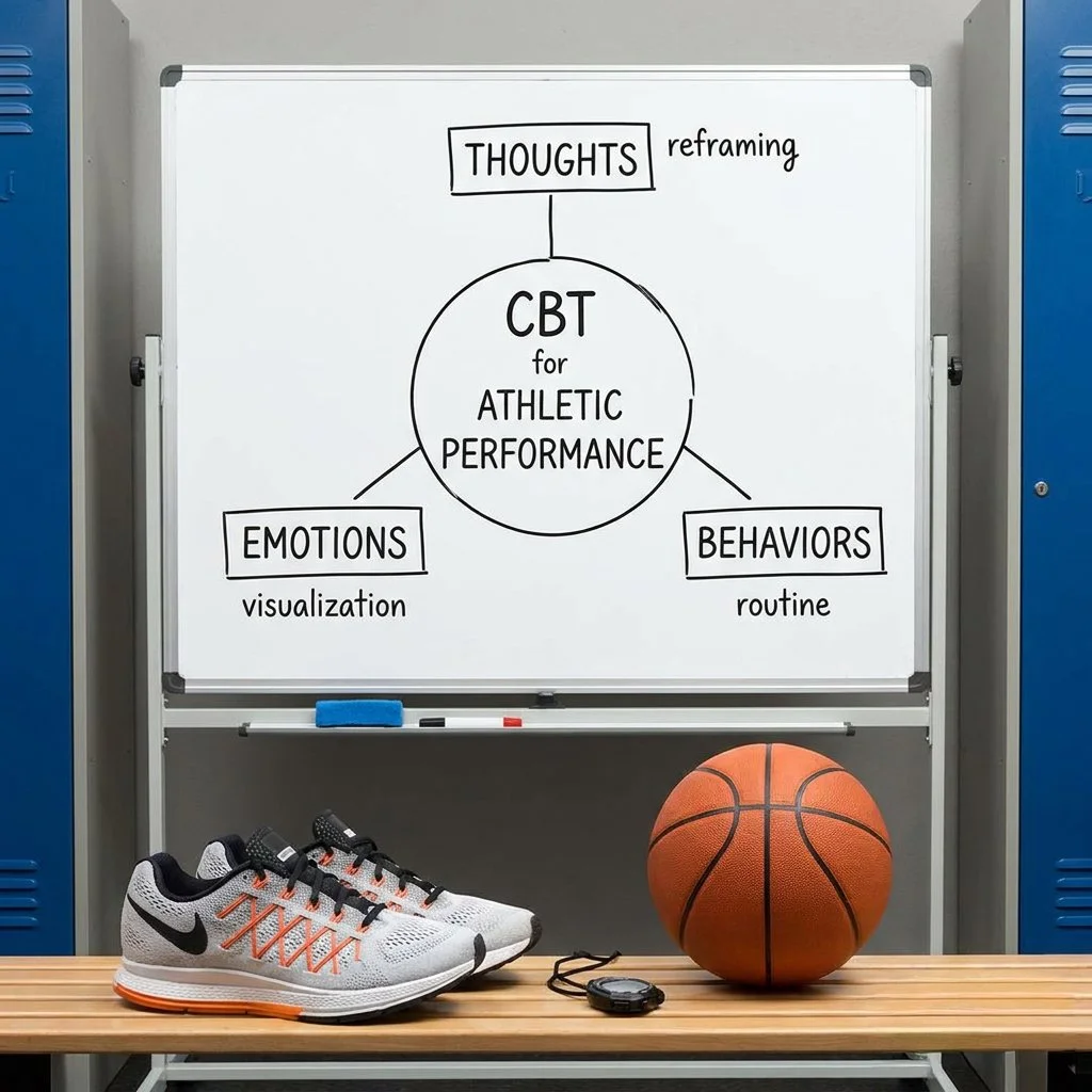 Whiteboard with a diagram about cognitive behavioral therapy for athletic performance, showing connections to thoughts, emotions, and behaviors, with a pair of Nike running shoes, a basketball, and a stopwatch on a wooden bench in front of it.