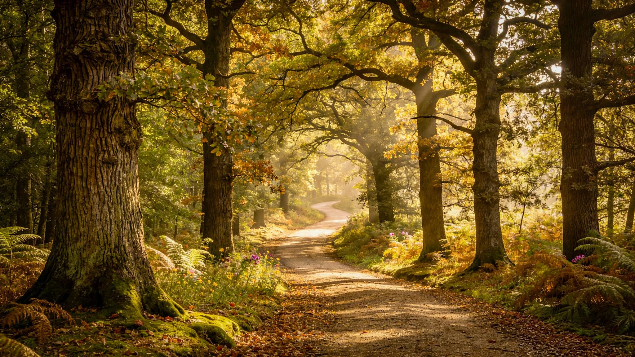 A forest dirt trail winding through tall trees with sunlight filtering through their leaves.