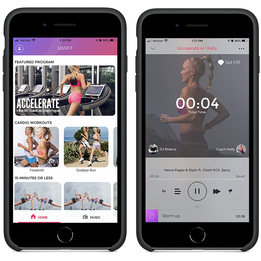 Screenshot of two smartphones displaying fitness app interfaces. The left screen shows the app's main menu with categories like featured programs, cardio workouts, and shorter workouts. The right screen shows a workout timer for a session titled "Accelerate w/ Kelly" in progress, with a woman running on a treadmill in the background.