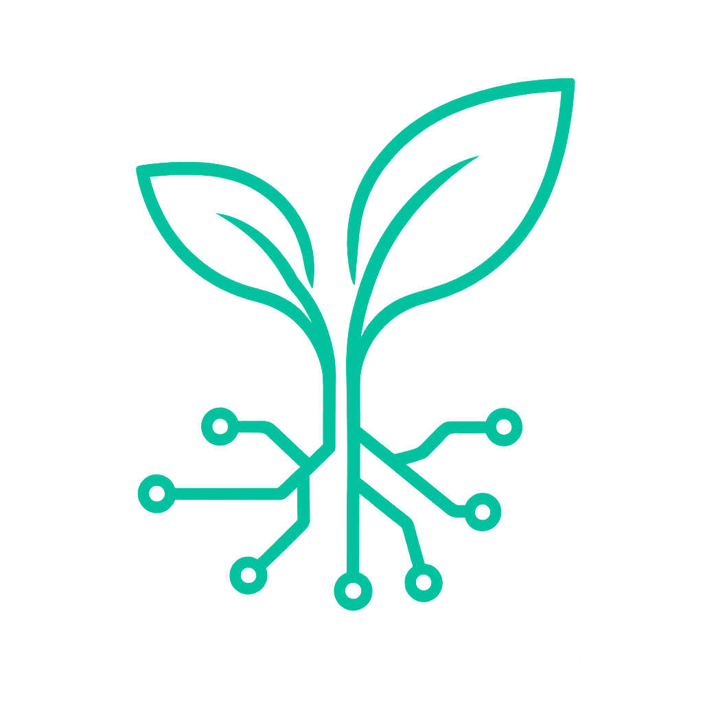 Graphic of a plant with digital circuit lines integrated into the stem, symbolizing technology and growth.