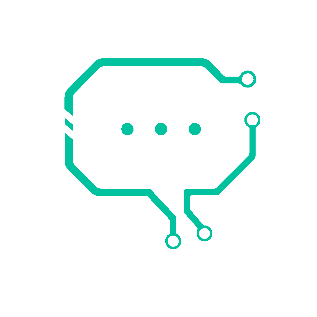 A digital illustration of a chatbot icon, featuring a speech bubble shape with three dots in the center and circuit-like lines extending from the shape.