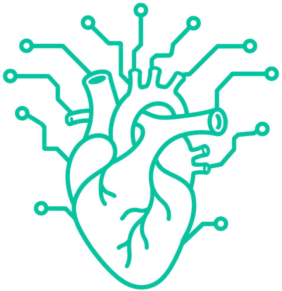 A stylized digital illustration of a human heart with circuit-like lines extending from it, representing a blend of human anatomy and technology.