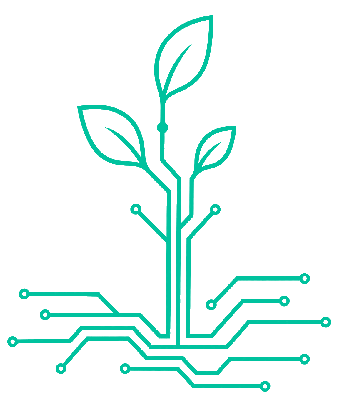 Digital illustration of a circuit board integrated with a young plant with three leaves, symbolizing technology and nature interconnected.