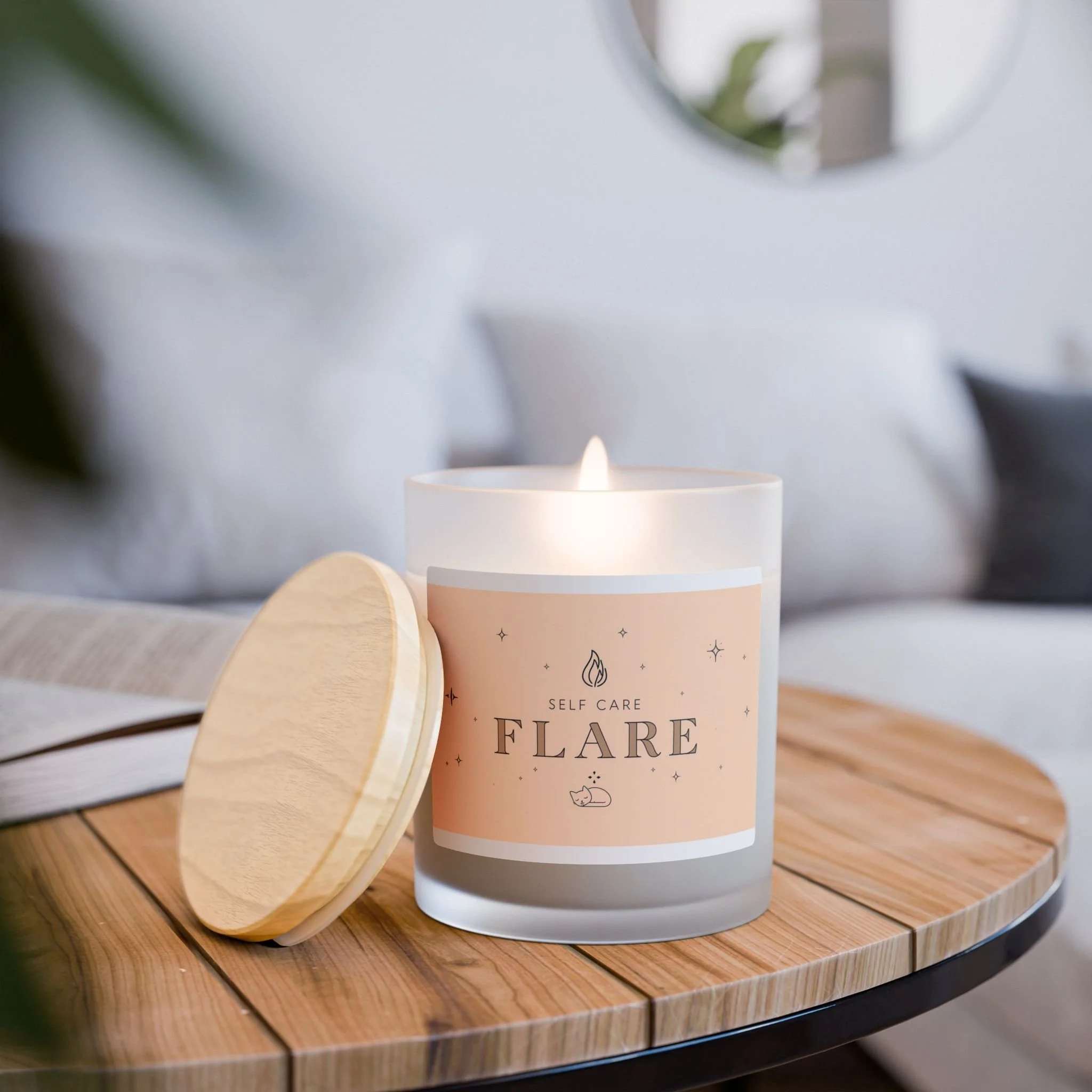 Self Care Flare Candle Frosted Glass 11oz | Crackling Wood Wick, Soy Coconut Blend
