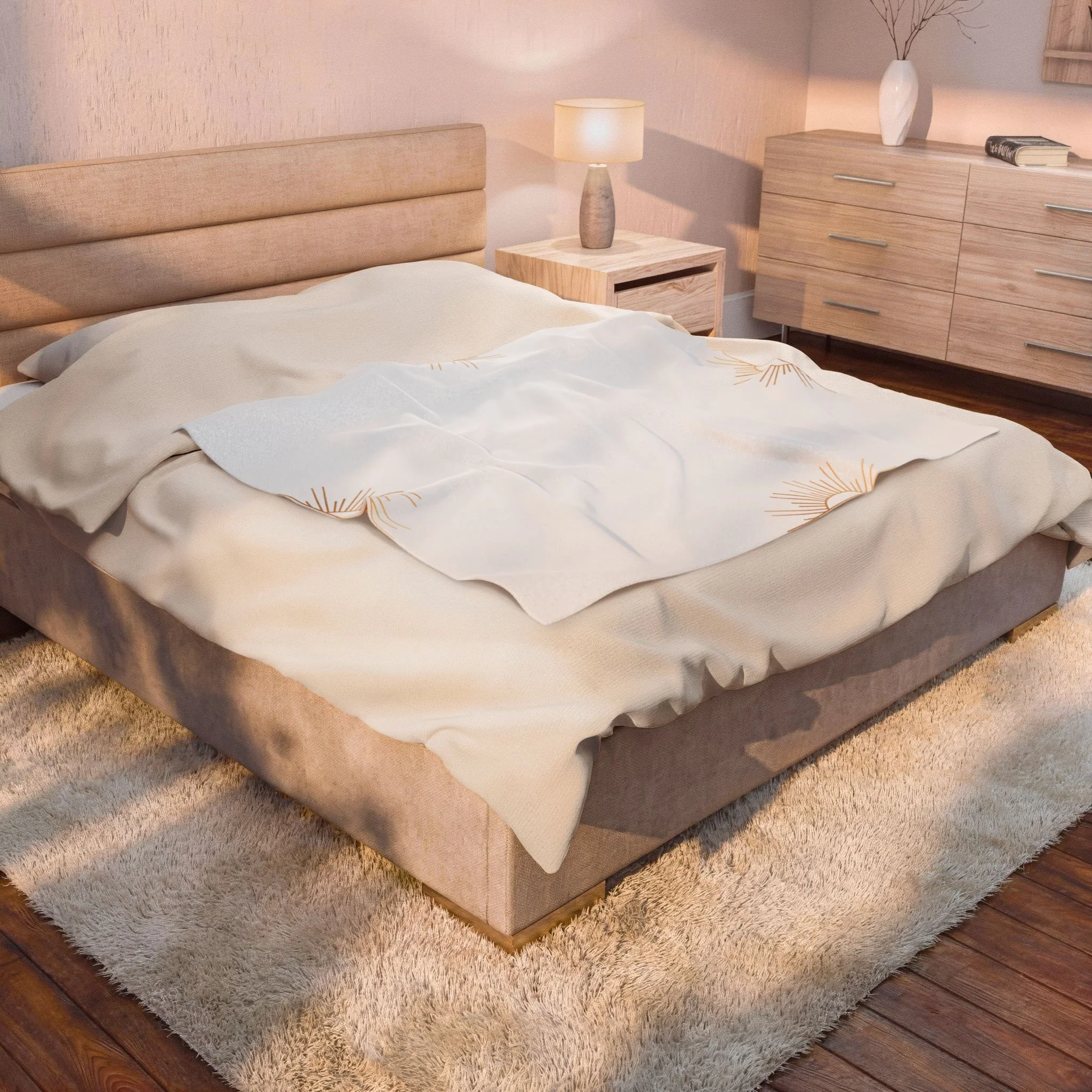 Boho Sun Velveteen Plush Blanket — Soft Neutral Sunburst Throw