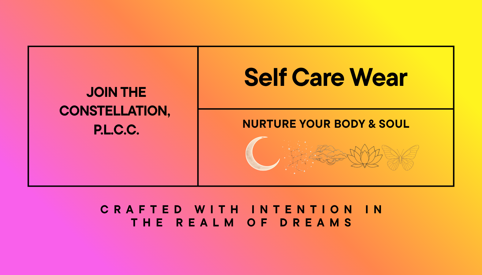 A colorful graphic with a pink, orange, and yellow gradient background, featuring black text promoting self-care and nurturing the body and soul, with icons of a moon, clouds, lotus flower, and butterfly.