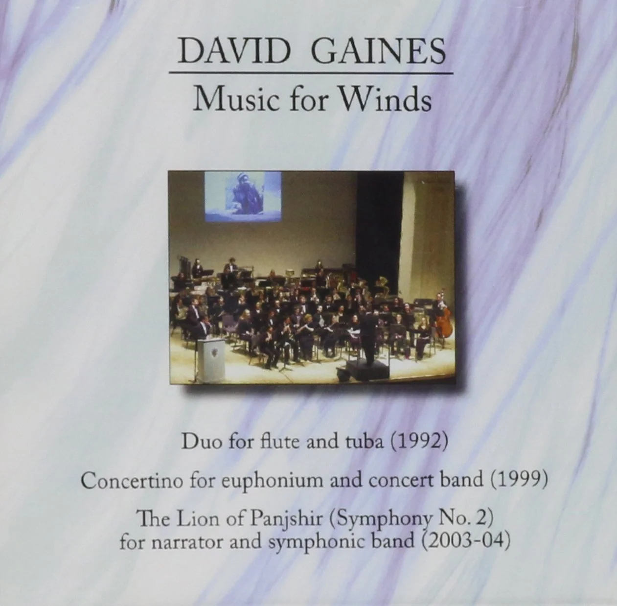 Album cover for 'Music for Winds' by David Gaines. Includes a photo of an orchestra performing on stage with a conductor.