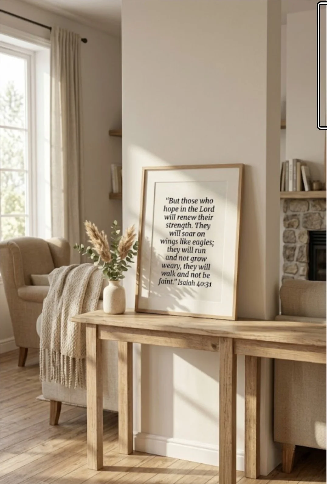 A room with a wooden table holding a framed quote from Isaiah 40:31 and a vase with pampas grass and greenery. In the background, a beige armchair with a knitted throw blanket, a window with curtains, and built-in shelves on a white wall are visible.