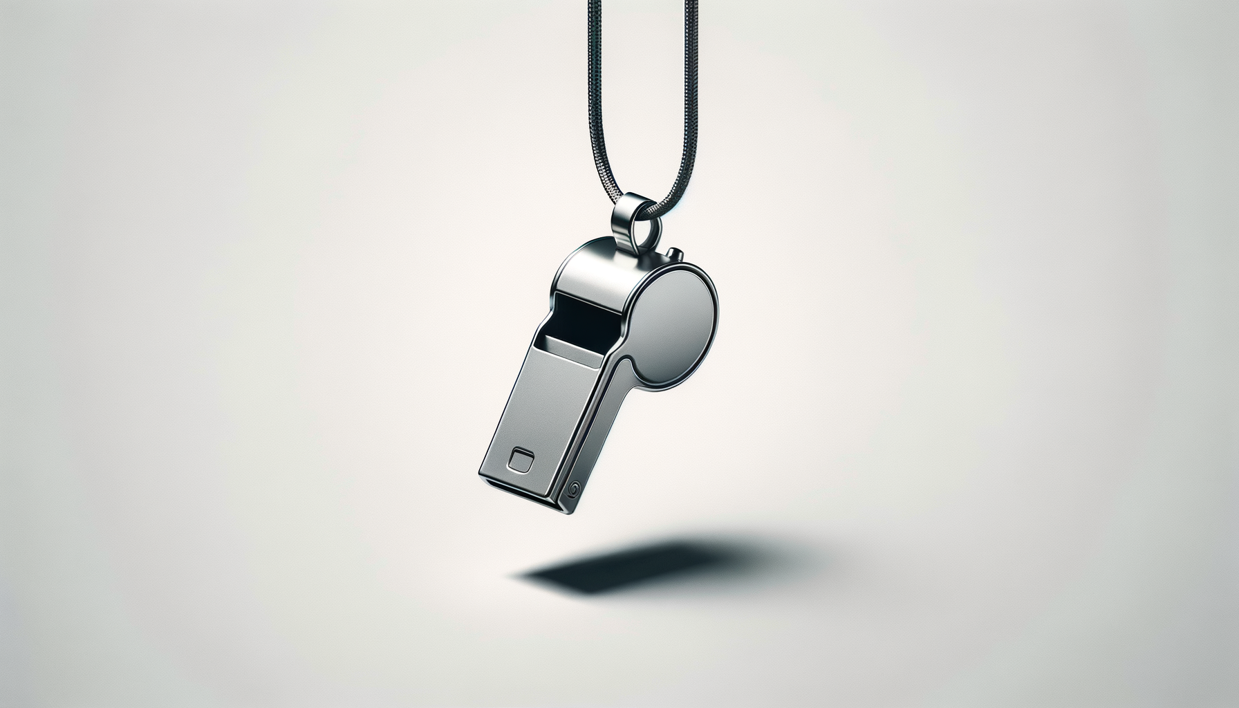 A modern metallic whistle hanging from a black lanyard against a white background.