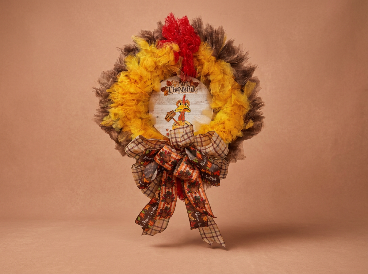 Thanksgiving Tulle Turkey Wreath with Humorous Sign- WTH02