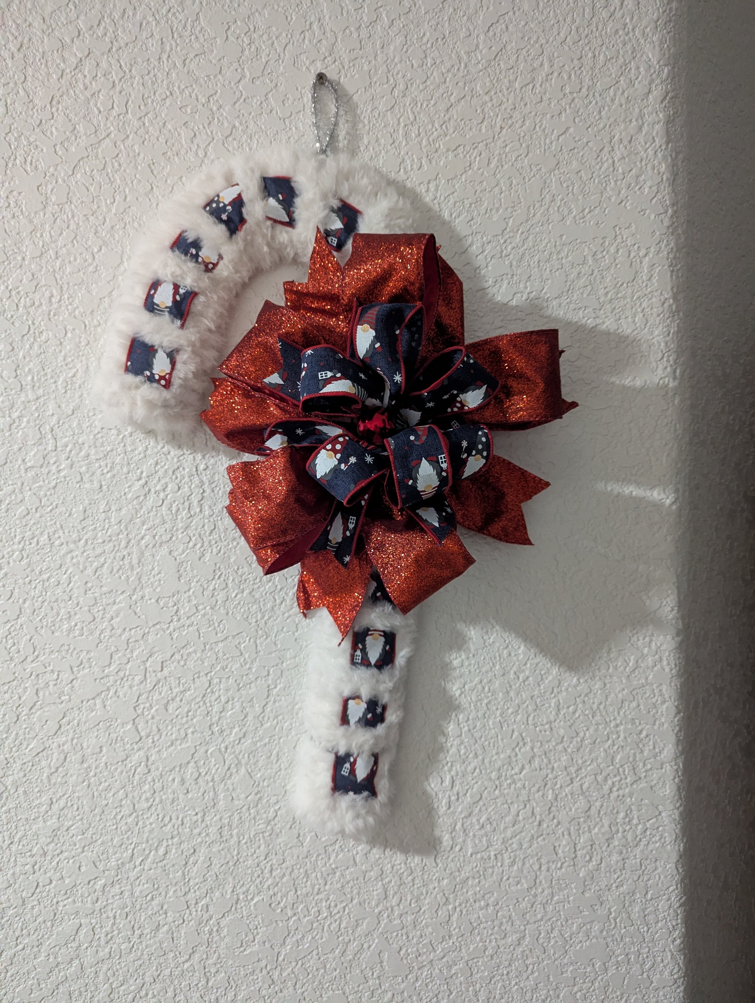 Fuzzy Candy Cane Wreath with Gnome Ribbon