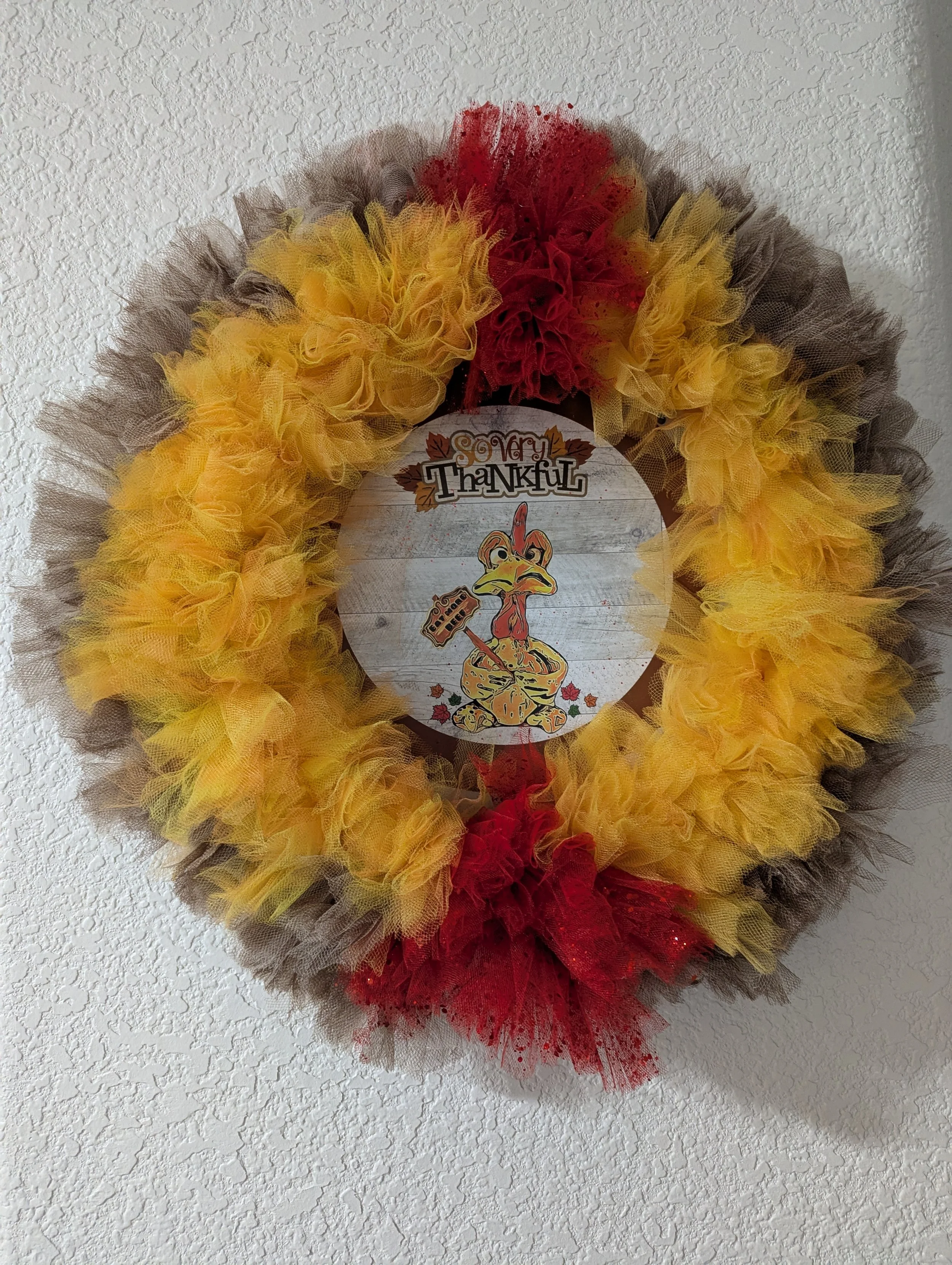 Thanksgiving Tulle Turkey Wreath with Humorous Sign