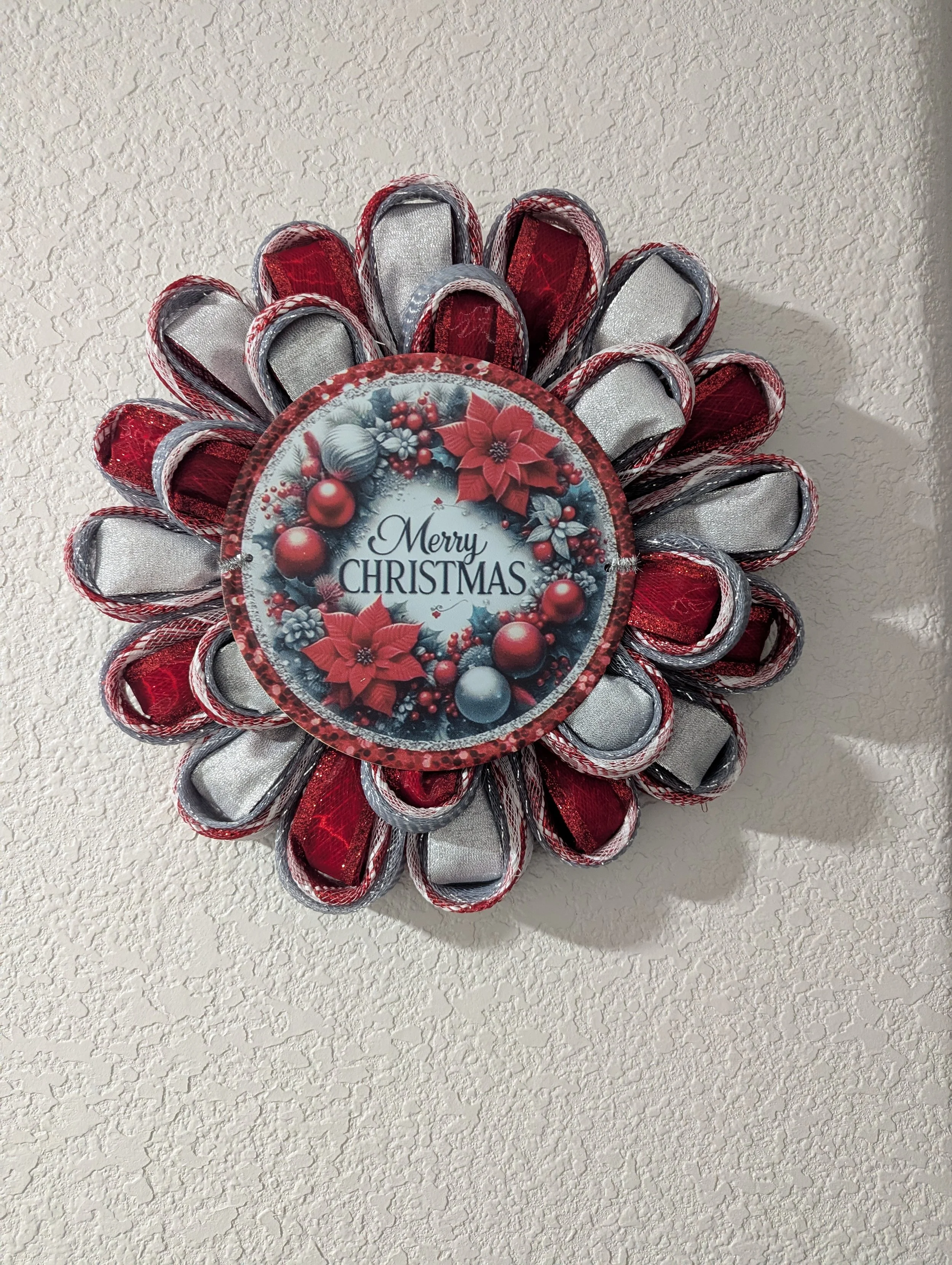 Silver and Red Ribbon Merry Christmas Wreath