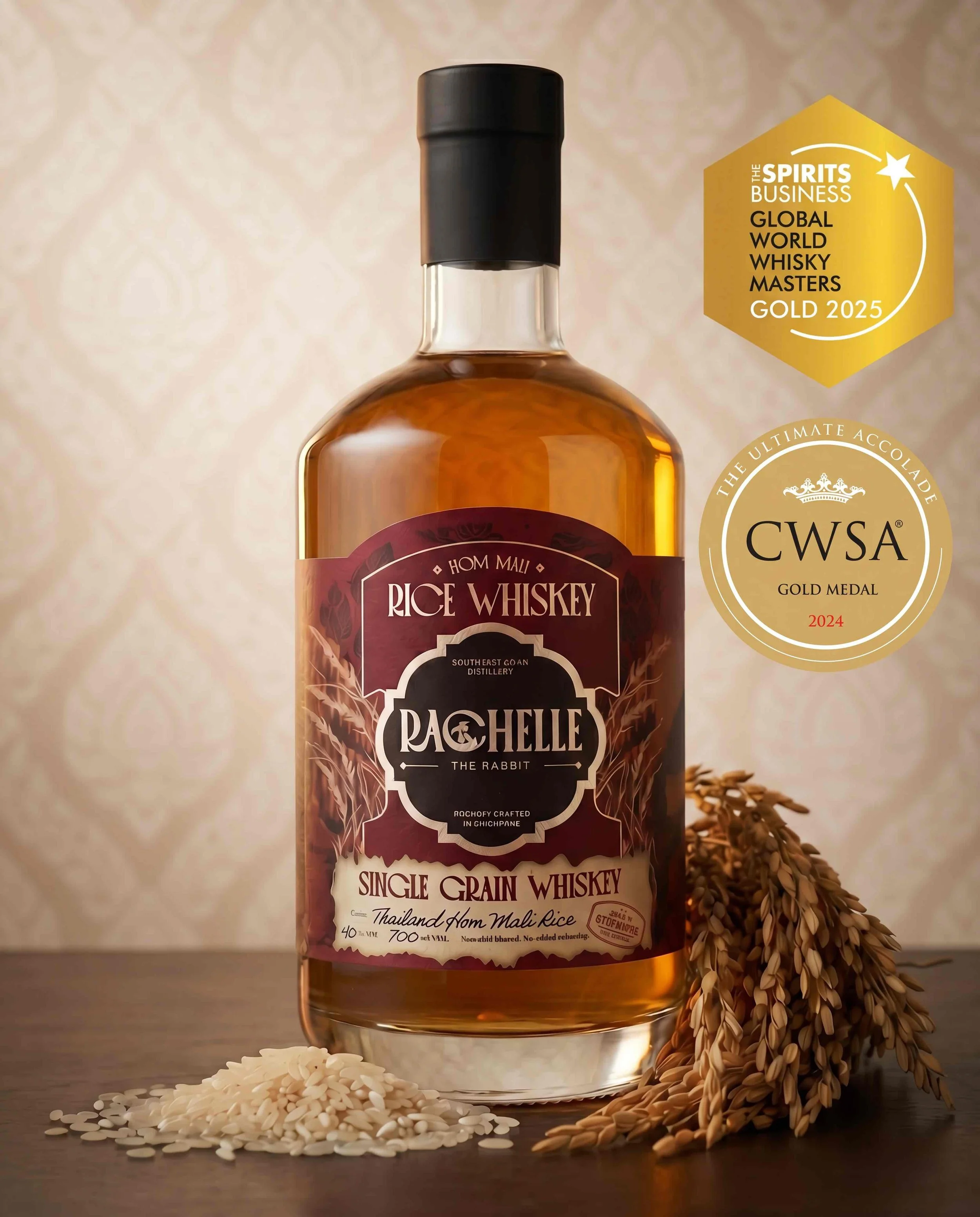 A bottle of rice whiskey with awards badges on the label, surrounded by rice grains and rice stalks, with a neutral background.
